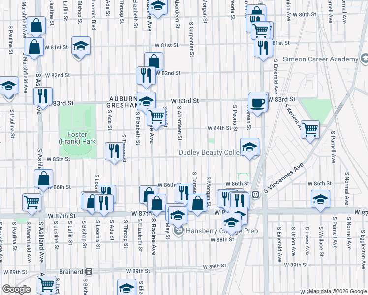 map of restaurants, bars, coffee shops, grocery stores, and more near 8433 South Aberdeen Street in Chicago