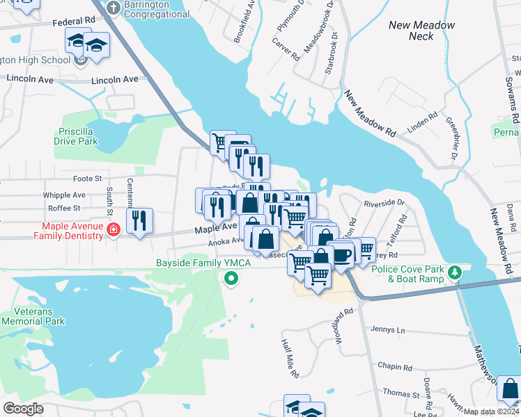 map of restaurants, bars, coffee shops, grocery stores, and more near 10 Hamilton Avenue in Barrington