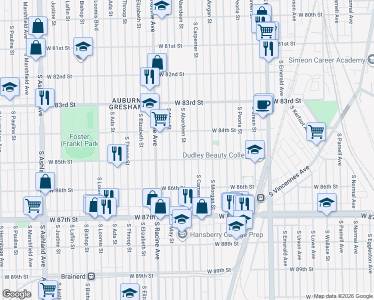 map of restaurants, bars, coffee shops, grocery stores, and more near 8441 South Aberdeen Street in Chicago