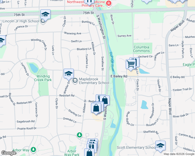 map of restaurants, bars, coffee shops, grocery stores, and more near 9 79th Street in Naperville