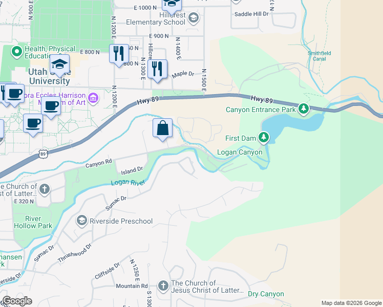 map of restaurants, bars, coffee shops, grocery stores, and more near 1525 Sumac Drive in Logan