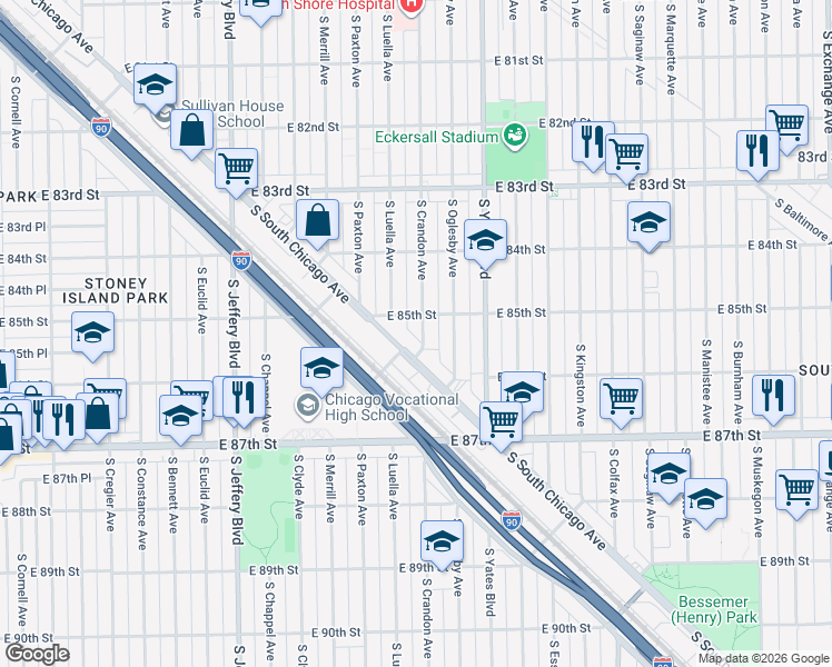 map of restaurants, bars, coffee shops, grocery stores, and more near 8507 South Crandon Avenue in Chicago