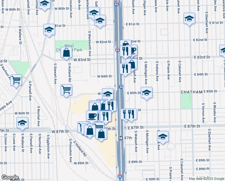 map of restaurants, bars, coffee shops, grocery stores, and more near 8411 South Lafayette Avenue in Chicago