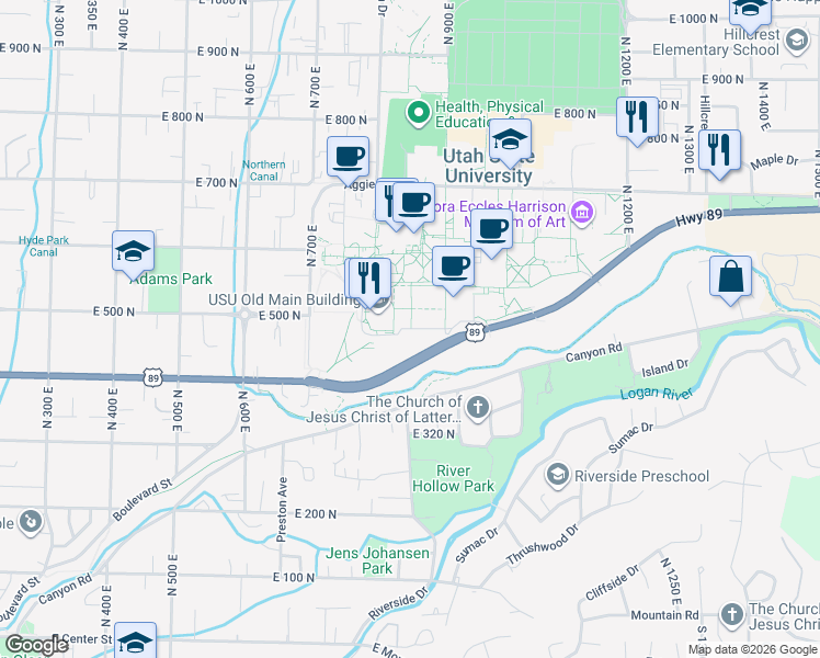 map of restaurants, bars, coffee shops, grocery stores, and more near 830 East 480 North in Logan