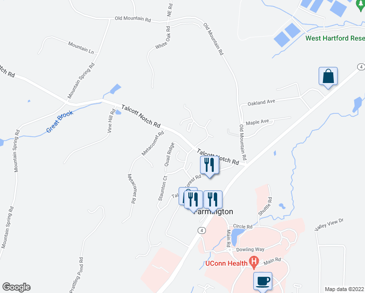 map of restaurants, bars, coffee shops, grocery stores, and more near 17 Quail Ridge in Farmington