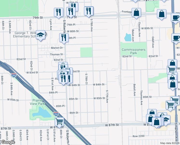 map of restaurants, bars, coffee shops, grocery stores, and more near 7811 West 83rd Street in Bridgeview