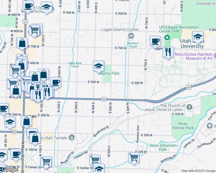 map of restaurants, bars, coffee shops, grocery stores, and more near 499 North 500 East in Logan