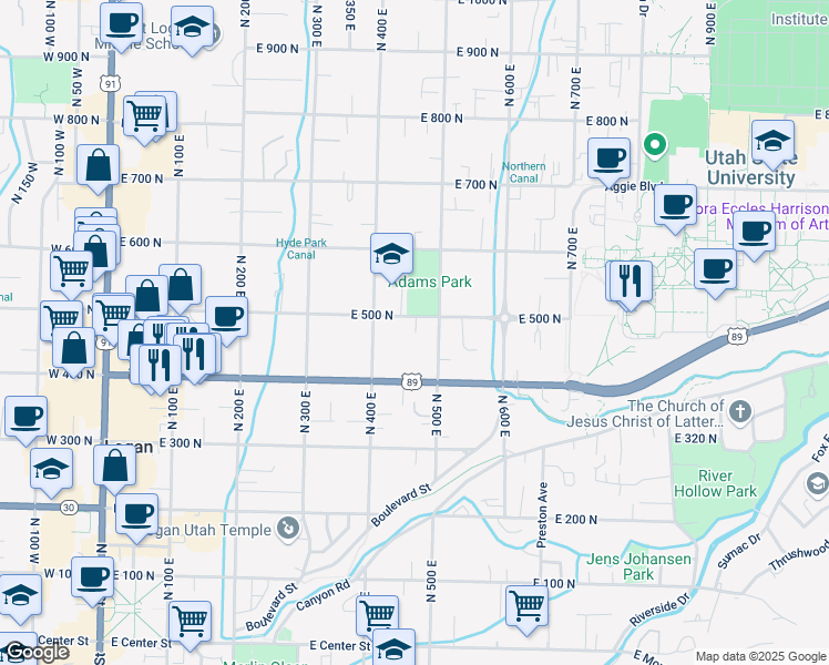 map of restaurants, bars, coffee shops, grocery stores, and more near 430 East 500 North in Logan