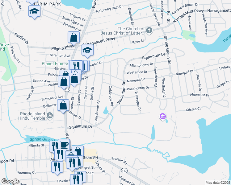 map of restaurants, bars, coffee shops, grocery stores, and more near 95 Mashuena Drive in Warwick