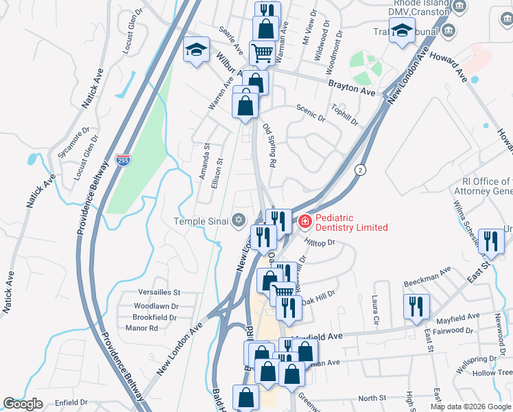map of restaurants, bars, coffee shops, grocery stores, and more near 15 Hagen Avenue in Cranston