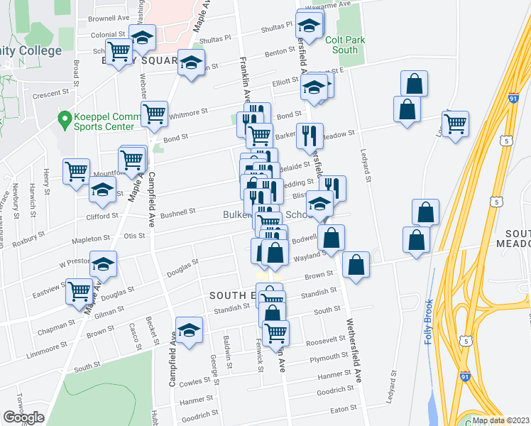 map of restaurants, bars, coffee shops, grocery stores, and more near 57 Bliss Street in Hartford