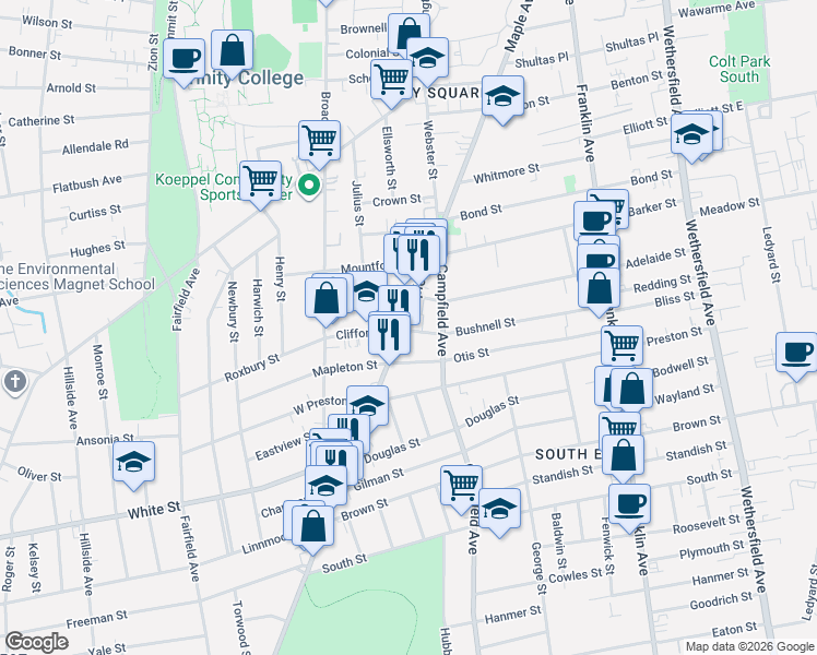map of restaurants, bars, coffee shops, grocery stores, and more near 722 Maple Avenue in Hartford