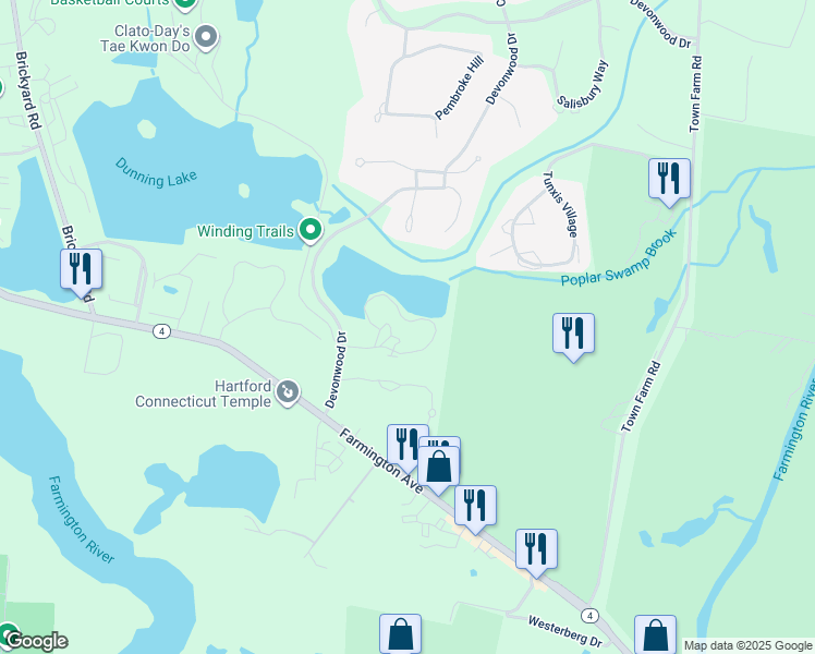 map of restaurants, bars, coffee shops, grocery stores, and more near 20 Devonwood Drive in Farmington