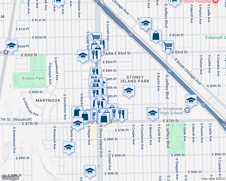 map of restaurants, bars, coffee shops, grocery stores, and more near 1645 East 85th Street in Chicago