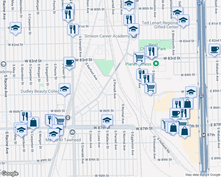 map of restaurants, bars, coffee shops, grocery stores, and more near 8441 South Vincennes Avenue in Chicago