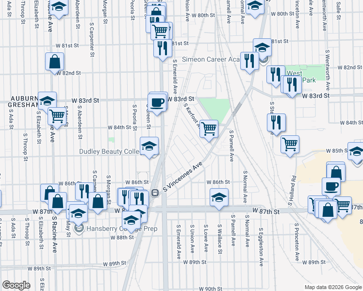 map of restaurants, bars, coffee shops, grocery stores, and more near 8413 South Gilbert Court in Chicago