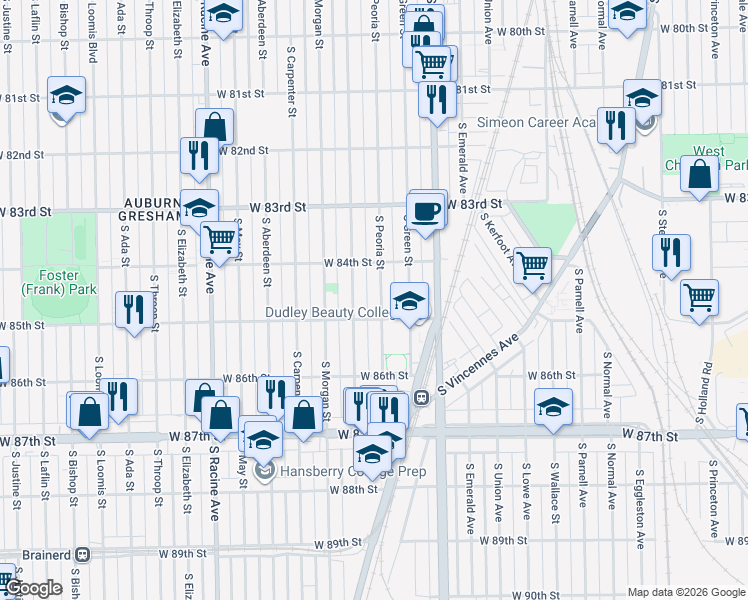 map of restaurants, bars, coffee shops, grocery stores, and more near 8432 South Peoria Street in Chicago