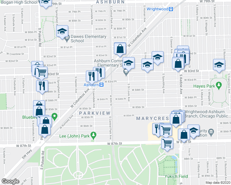 map of restaurants, bars, coffee shops, grocery stores, and more near 3533 West 84th Street in Chicago