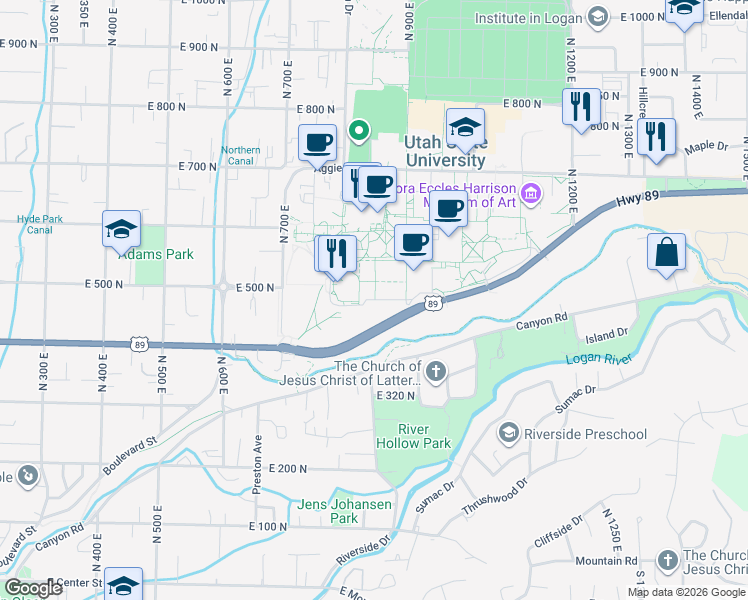 map of restaurants, bars, coffee shops, grocery stores, and more near 830 East 480 North in Logan