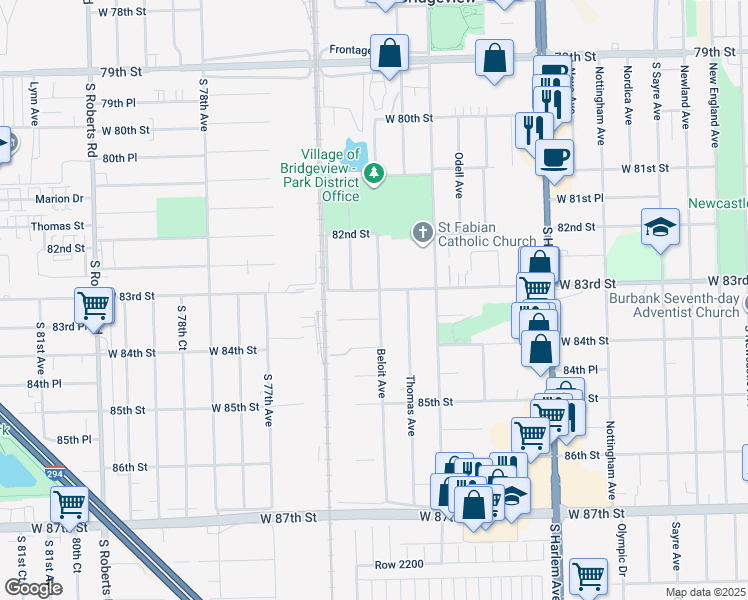 map of restaurants, bars, coffee shops, grocery stores, and more near 7501 West 83rd Street in Bridgeview