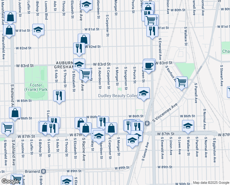 map of restaurants, bars, coffee shops, grocery stores, and more near 8438 South Morgan Street in Chicago