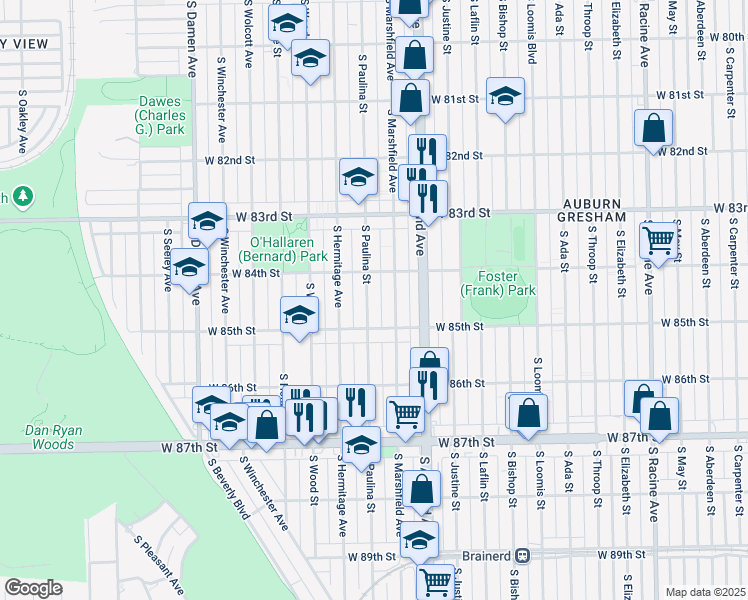 map of restaurants, bars, coffee shops, grocery stores, and more near 8429 South Paulina Street in Chicago