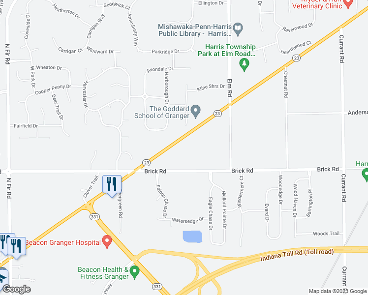 map of restaurants, bars, coffee shops, grocery stores, and more near 14212 Indiana 23 in Granger