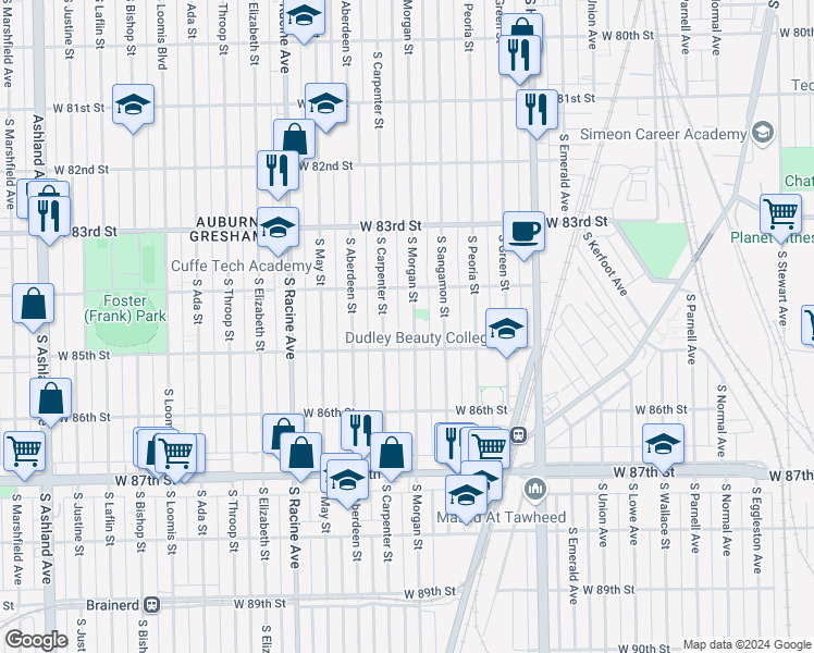 map of restaurants, bars, coffee shops, grocery stores, and more near 8438 South Morgan Street in Chicago