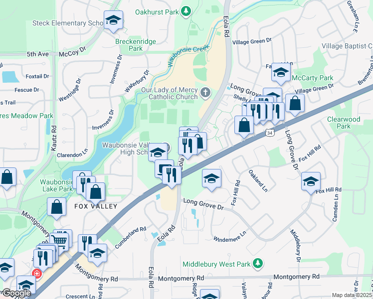 map of restaurants, bars, coffee shops, grocery stores, and more near South Eola Road in Aurora