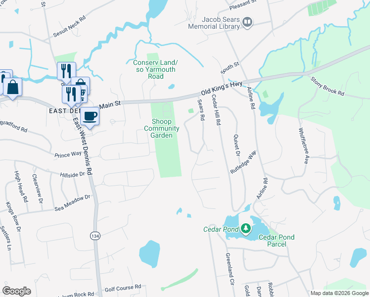 map of restaurants, bars, coffee shops, grocery stores, and more near 55 Monument View Road in Dennis
