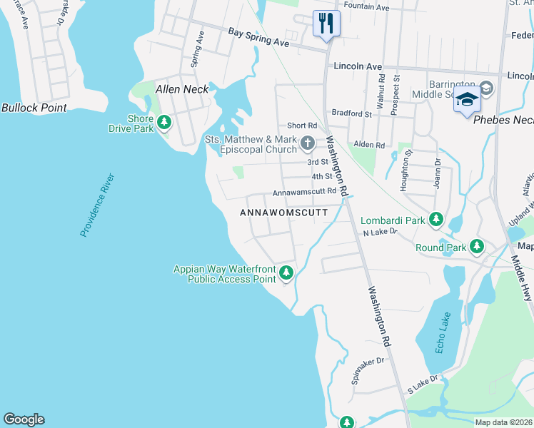map of restaurants, bars, coffee shops, grocery stores, and more near Middle Street in Barrington