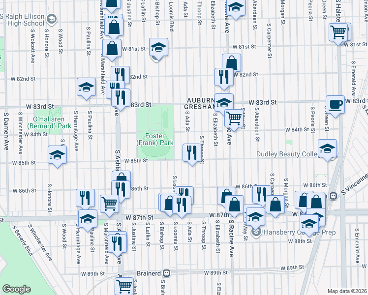 map of restaurants, bars, coffee shops, grocery stores, and more near 8427 South Ada Street in Chicago