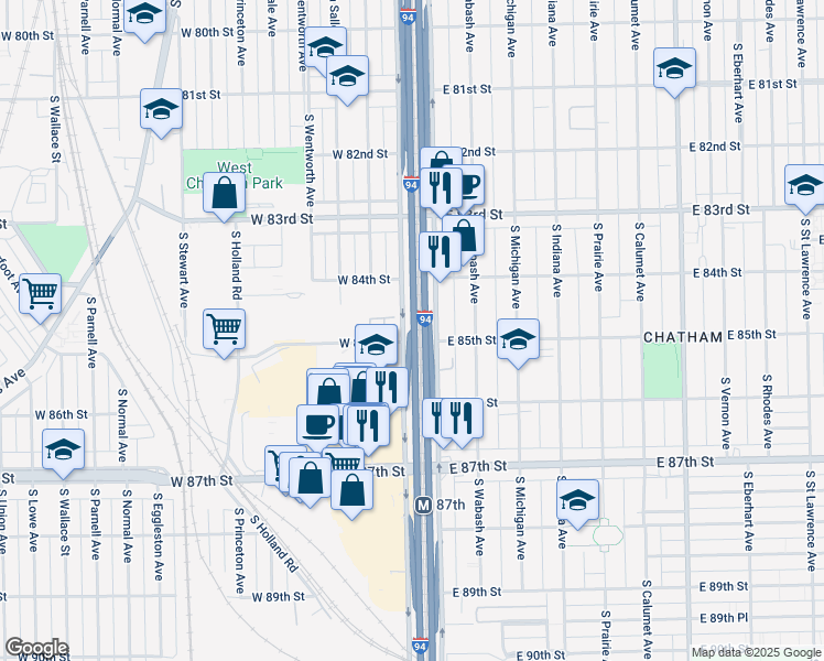 map of restaurants, bars, coffee shops, grocery stores, and more near 8411 South Lafayette Avenue in Chicago