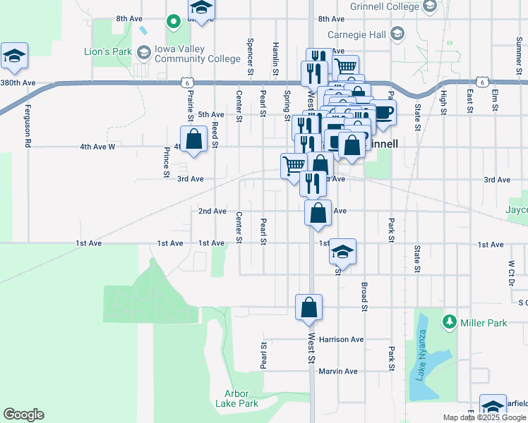 map of restaurants, bars, coffee shops, grocery stores, and more near 501 2nd Avenue in Grinnell