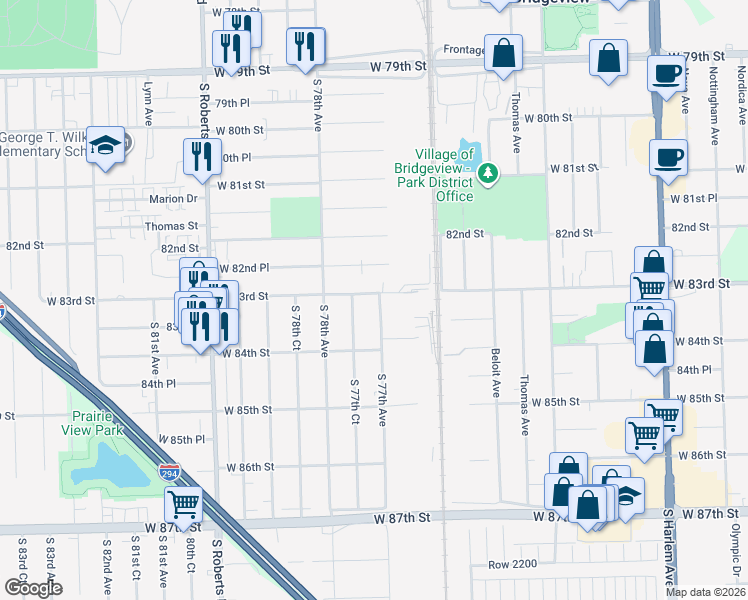 map of restaurants, bars, coffee shops, grocery stores, and more near 7713 West 83rd Street in Bridgeview