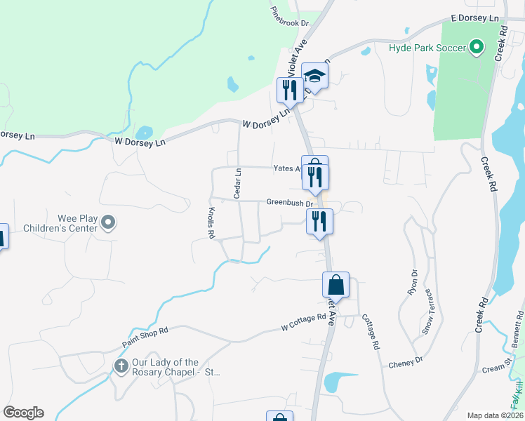 map of restaurants, bars, coffee shops, grocery stores, and more near 24 Greenbush Drive in Poughkeepsie