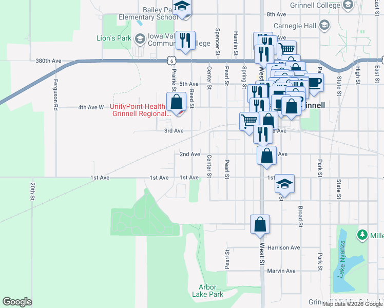 map of restaurants, bars, coffee shops, grocery stores, and more near 700 Reed Street in Grinnell