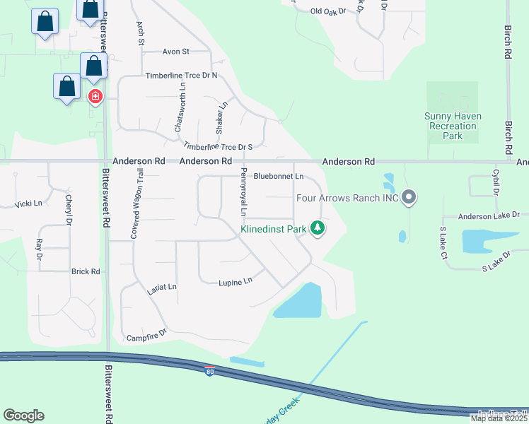 map of restaurants, bars, coffee shops, grocery stores, and more near 11901-12099 Bergamot Dr in Granger