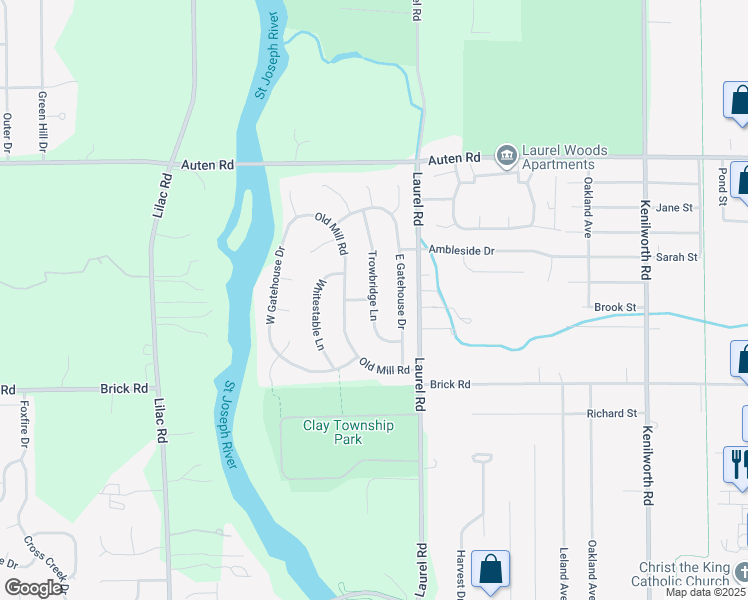 map of restaurants, bars, coffee shops, grocery stores, and more near 51801 Trowbridge Lane in South Bend