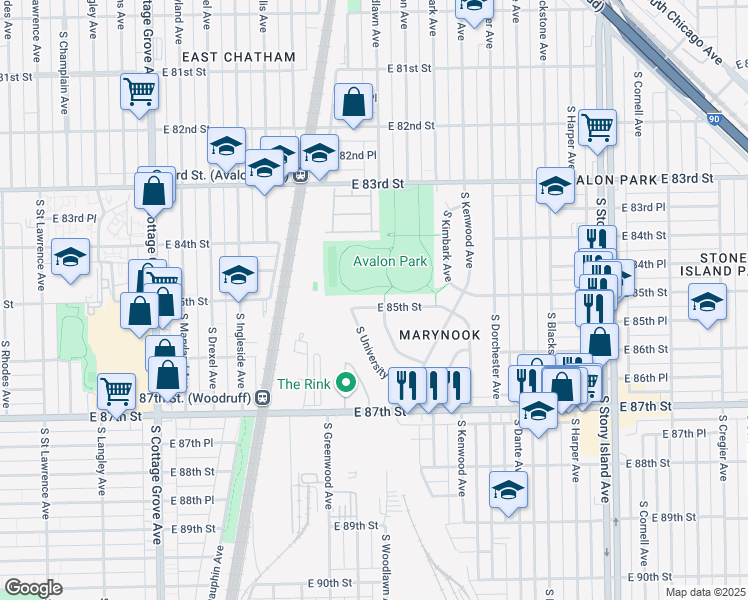 map of restaurants, bars, coffee shops, grocery stores, and more near 1150 East 85th Street in Chicago