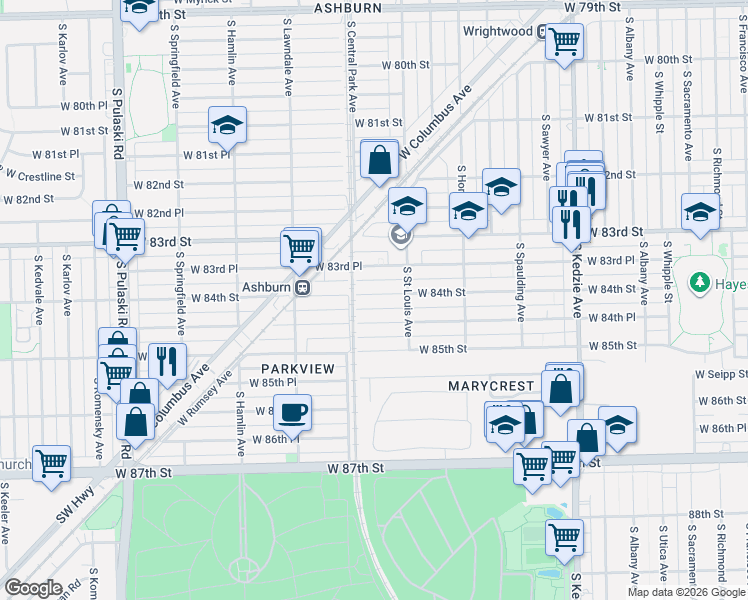 map of restaurants, bars, coffee shops, grocery stores, and more near 3533 West 84th Street in Chicago