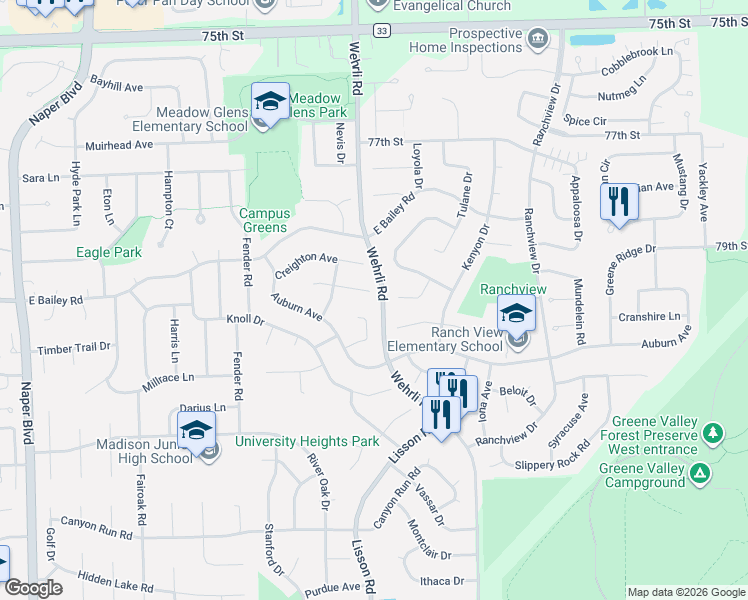 map of restaurants, bars, coffee shops, grocery stores, and more near 1428 Duquesne Avenue in Naperville