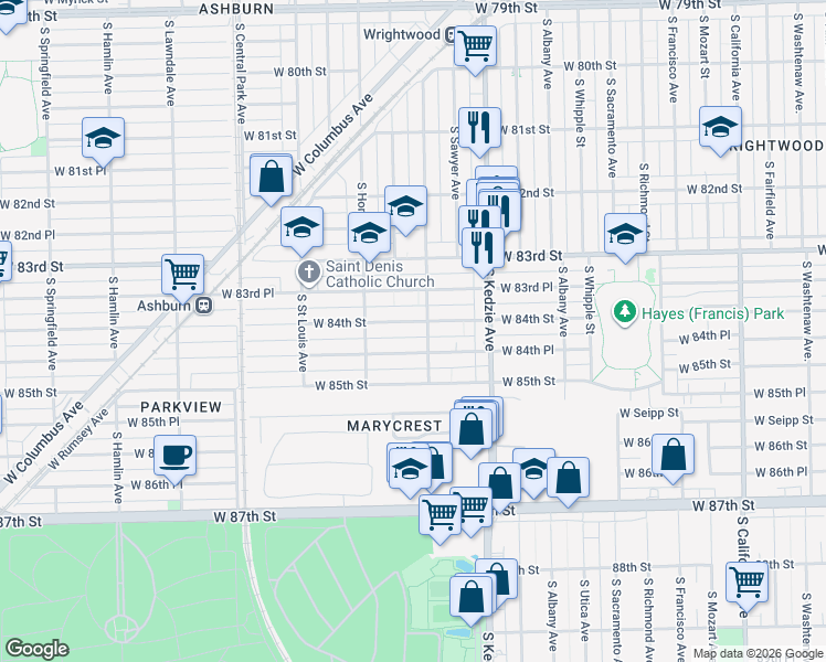 map of restaurants, bars, coffee shops, grocery stores, and more near 3309 West 84th Street in Chicago