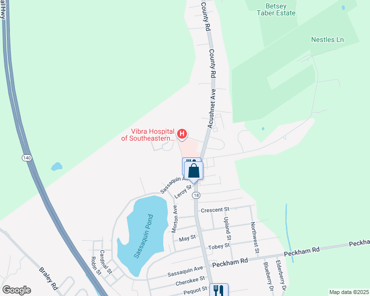 map of restaurants, bars, coffee shops, grocery stores, and more near 4499 Acushnet Avenue in New Bedford