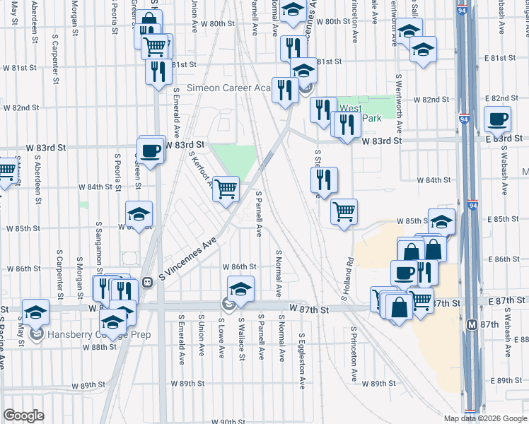 map of restaurants, bars, coffee shops, grocery stores, and more near 8401 South Parnell Avenue in Chicago