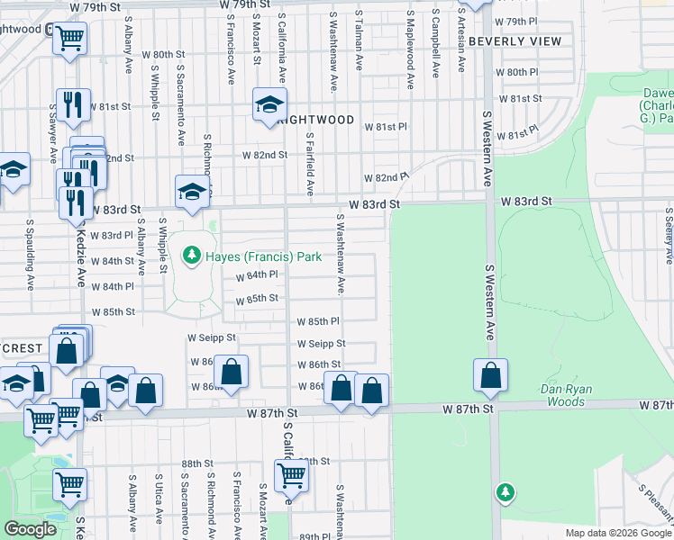 map of restaurants, bars, coffee shops, grocery stores, and more near 2700 West 84th Place in Chicago
