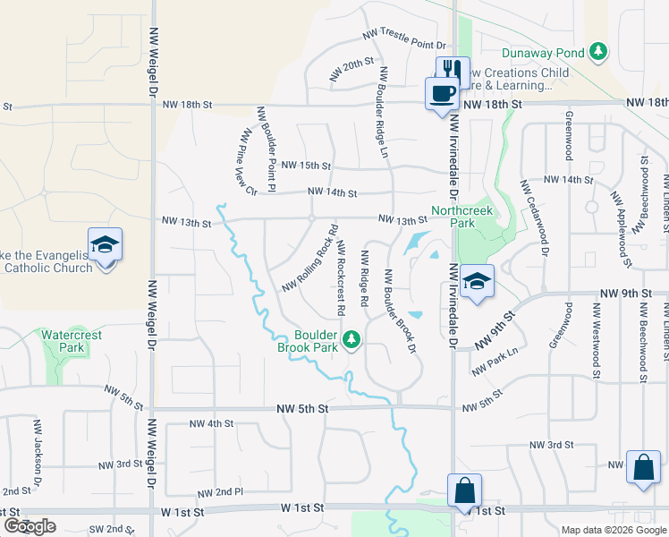 map of restaurants, bars, coffee shops, grocery stores, and more near 1014 Northwest Rockcrest Road in Ankeny