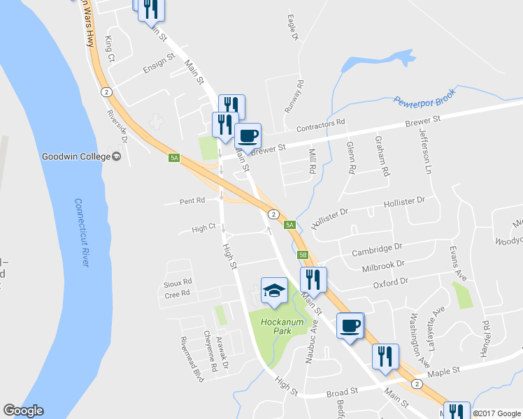 map of restaurants, bars, coffee shops, grocery stores, and more near 265 Main Street in East Hartford