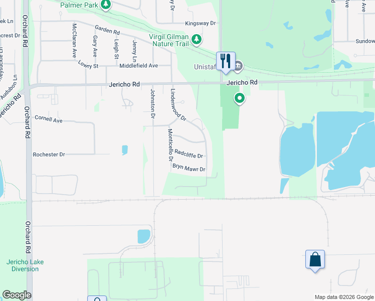 map of restaurants, bars, coffee shops, grocery stores, and more near 2051 Radcliffe Drive in Aurora
