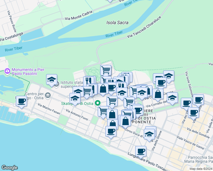 map of restaurants, bars, coffee shops, grocery stores, and more near 67 Via dell'Appagliatore in Lido di Ostia